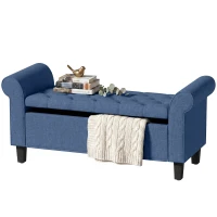 HOMCOM 47" Storage Ottoman Bench, Tufted End of Bed Bench with Rolled Arms, Safety Hinge, Wood Legs for Bedroom, Blue(m-1)