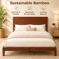 HOMCOM Queen Size Bamboo Platform Bed Frame with Headboard and 12 Poplar Slats, No Box Spring Needed, Easy Assembly, Brown(m-4)