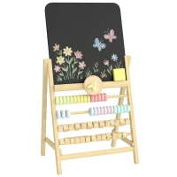 Qaba Wooden Kids Art Easel with Double-Sided Chalkboard, Clock, Abacus, Blackboard Eraser for Painting, for Ages 2+, Natural(m-11)