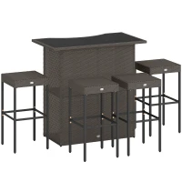 Outsunny 5 Piece Rattan Wicker Bar Set, High Top Outdoor Table and Chairs, Bar Height Patio Set, 2 Shelves & 4 Bar Stools, Brown(m-11)