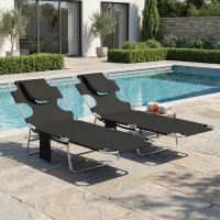 Outsunny 2 Tanning Chairs with Face Hole, 5-Level Adjustable Outdoor Chaise Lounge Chair with Pillow for Beach, Pool, Black(m-9)
