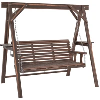 Outsunny 3 Seat Wooden Porch Swing with Stand, Patio Swing with Side Tables, for Garden, Poolside, Backyard, Carbonized Brown(m-11)