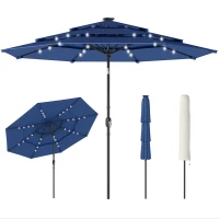 Outsunny 9.7 ft Outdoor Patio Umbrella with Solar LED Lights, 3 Tier Outdoor Table Umbrella with Tilt, Crank, Navy Blue(m-11)
