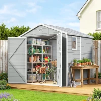 Outsunny 8' x 6' Garden Storage Shed, Outdoor Tool & Equipment Storage House with Wide Door, Foundation Kit, Vents, Window, Light Grey(m-8)