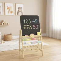 Qaba Wooden Kids Art Easel with Double-Sided Chalkboard, Clock, Abacus, Blackboard Eraser for Painting, for Ages 2+, Natural(m-8)