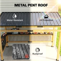 Outsunny 13' x 6' Wooden BBQ Grill Gazebo, Outdoor Hardtop Grill Gazebo with Metal Roof, 2 Bar Shelves and 6 Hooks, Natural(m-4)