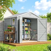 Outsunny 8' x 6' Garden Storage Shed, Outdoor Tool & Equipment Storage House with Wide Door, Foundation Kit, Vents, Window, Light Grey(m-1)