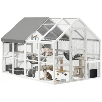 PawHut Wooden Catio Outdoor Cat Enclosure with Waterproof Cover, 2 Condos, 6 Platforms, Bridge, Doors, White(m-18)
