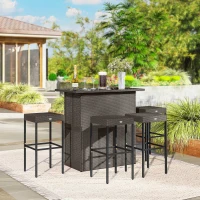 Outsunny 5 Piece Rattan Wicker Bar Set, High Top Outdoor Table and Chairs, Bar Height Patio Set, 2 Shelves & 4 Bar Stools, Brown(m-2)
