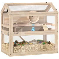 PawHut Wooden Hamster Cage, 3-Tier Small Animal Cage with Hut, Seesaw, Ramps, Exercise Wheel, Acrylic Panel and Bottom Tray(m-11)