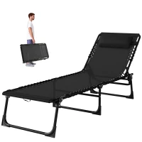 Outsunny Folding Chaise Lounge Pool Chair with 4-Position Reclining Back, Pillow, Breathable Mesh & Bungee Seat, Black(m-1)