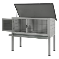 PawHut Elevated Rabbit Hutch, Wooden Bunny Cage with Hinged Asphalt Roof and Removable Tray, for Indoor/Outdoor, Gray(m-1)