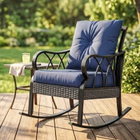 Outsunny Outdoor Wicker Rocking Chair with Padded Cushions, Aluminum Furniture, Rattan Porch Rocker Chair w/ Armrest, Navy Blue(m-23)