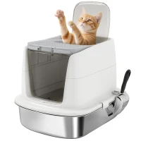 PawHut Large Stainless Steel Litter Box, Enclosed Metal Cat Litter Tray with Scoop, Deodoriser Bag, Front-Entry and Top-Exit(m-9)