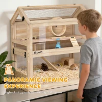 PawHut Wooden Hamster Cage, 3-Tier Small Animal Cage with Hut, Seesaw, Ramps, Exercise Wheel, Acrylic Panel and Bottom Tray(m-7)