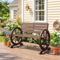Outsunny 42" Wood Wagon Wheel Bench Garden Loveseat Rustic Seat Relaxing Lounge Chair Outdoor Decorative Seat Park Decor, Brown(m-8)