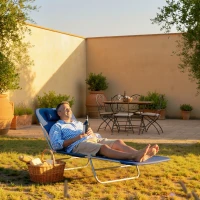 Outsunny Folding Chaise Lounge Chair, Pool Sun Tanning Chair, Outdoor Lounge Chair with Reclining Back, Breathable Mesh Seat, Headrest for Beach, Yard, Patio, Dark Blue(m-9)