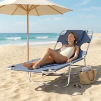 Outsunny Tanning Chair with Face Hole, 5-Level Adjustable Outdoor Chaise Lounge Chair with Pillow for Beach, Pool, Gray(m-9)