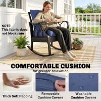 Outsunny Outdoor Wicker Rocking Chair with Padded Cushions, Aluminum Furniture, Rattan Porch Rocker Chair w/ Armrest, Navy Blue(m-20)