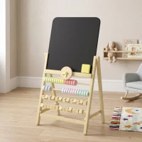 Qaba Wooden Kids Art Easel with Double-Sided Chalkboard, Clock, Abacus, Blackboard Eraser for Painting, for Ages 2+, Natural(m-9)