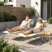 Outsunny 2 Tanning Chairs with Face Hole, 5-Level Adjustable Outdoor Chaise Lounge Chair with Pillow for Beach, Pool, Beige(m-8)
