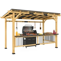 Outsunny 13' x 6' Wooden BBQ Grill Gazebo, Outdoor Hardtop Grill Gazebo with Metal Roof, 2 Bar Shelves and 6 Hooks, Natural(m-12)