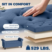 HOMCOM 47" Storage Ottoman Bench, Tufted End of Bed Bench with Rolled Arms, Safety Hinge, Wood Legs for Bedroom, Blue(m-7)