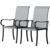 Outsunny Set of 2 Outdoor Wicker Dining Chairs with Armrest, Steel Frame, High Back and Deep Seating, Gray(m-1)