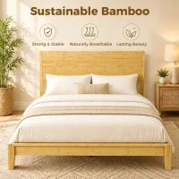 HOMCOM Queen Size Bamboo Platform Bed Frame with Headboard and 12 Poplar Slats, No Box Spring Needed, Easy Assembly, Natural(m-4)
