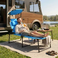 Outsunny Outdoor Lounge Chair, 4 Position Adjustable Backrest, Folding, Cushioned w/ Sun Shade Roof & Pillow, Blue(m-7)