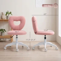 HOMCOM Armless Computer Desk Chair, Office Task Chair, Teddy Fleece Heart Makeup Vanity Chair with Swivel Wheels, Pink(m-3)