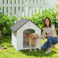 PawHut Large Plastic Dog House Outdoor Indoor, Water Resistant Puppy Shelter with Base Support, 34.6" L x 31.1" W x 35" H(m-1)