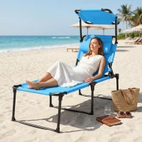 Outsunny Outdoor Lounge Chair, 4 Position Adjustable Backrest, Folding, Cushioned w/ Sun Shade Roof & Pillow, Blue(m-8)