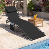Outsunny Padded Folding Chaise Lounge Chair, Outdoor 6-Level Reclining Camping Tanning Chair with Headrest for Beach, Yard, Patio, Pool, Black(m-2)