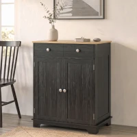 HOMCOM Kitchen Storage Cabinet, Sideboard Floor Cupboard with Solid Wood Top, Adjustable Shelf, and 2 Drawers, Distressed Black(m-2)