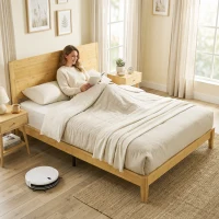 HOMCOM Queen Size Bamboo Platform Bed Frame with Headboard and 12 Poplar Slats, No Box Spring Needed, Easy Assembly, Natural(m-9)
