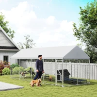 PawHut Heavy Duty Outdoor Dog Kennel with Waterproof Roof, Secure Latch, Chain Link Dog Run for Backyard, 20' x 7.5' x 8'(m-10)
