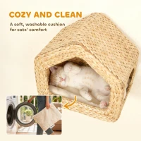 PawHut Wall Mounted Cat House, Cat Wall Furniture, Cat Wall Shelf with Washable Cushion, Natural(m-5)