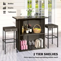 Outsunny 5 Piece Rattan Wicker Bar Set, High Top Outdoor Table and Chairs, Bar Height Patio Set, 2 Shelves & 4 Bar Stools, Brown(m-4)
