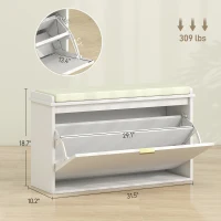 HOMCOM Shoe Storage Bench with Padded Seat Cushion and Flip-Drawer, Entryway Bench, Shoe Cabinet, 31.5x10.2x18.7 Inches, White(m-3)