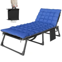 Outsunny 29.5" Wide Folding Chaise Lounge Chair Outdoor Tanning Chair, Camping Cot with Cushion, Side Pocket, Grey/Blue(m-9)