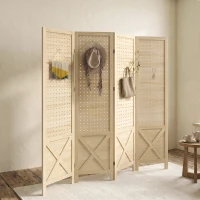 HOMCOM 4.7' 4 Panel Wooden Room Divider with Pegboard Display, Folding Privacy Screen for Home Office, Natural(m-8)