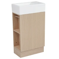 Practical Bathroom Vanity with 2-Tier Shelves and Toilet Paper Holder, Compact Cabinet for Small Bathrooms, 18.5" L x 10.5" W x 33" H, Natural Wood(m-13)