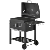 Outsunny Charcoal BBQ Grill and Smoker Combo Outdoor Portable Trolley Camping Picnic Backyard with Side Shelf, Black(m-1)