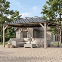 Outsunny 12' x 16' Hardtop Gazebo with Galvanized Steel Roof, UPF50+ Wood Permanent Pavilion with Clear Roof Top, Light Walnut(m-10)