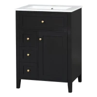 Sleek Bathroom Vanity with Tip-Out Top Drawer and 3 Pull-Out Drawers, Stylish Cabinet with Freestanding Design, 24" L x 18.5" W x 34" H, Black(m-14)