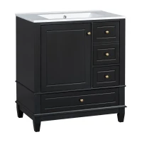 Stylish Bathroom Vanity with Easy-Clean Ceramic Sink and 3 Pre-Drilled Holes, Ideal Cabinet for Modern Bathrooms, 30" L x 18.5" W x 33.5" H, Black(m-15)