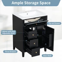 Sleek Bathroom Vanity with Tip-Out Top Drawer and 3 Pull-Out Drawers, Stylish Cabinet with Freestanding Design, 24" L x 18.5" W x 34" H, Black(m-5)