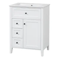Sleek Bathroom Vanity with Tip-Out Top Drawer and 3 Pull-Out Drawers, Stylish Cabinet with Freestanding Design, 24" L x 18.5" W x 34" H, White(m-12)