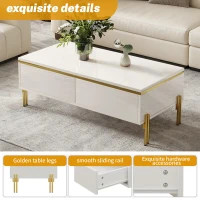 Modern High-Gloss Coffee Table with Hidden Dual Drawers, Stain-Resistant Center Table with Metal Legs, 39.5'' L x 19.5'' W x 14'' H, White(m-5)